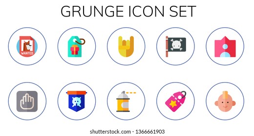 grunge icon set. 10 flat grunge icons.  Collection Of - wanted, vestige, tag, jolly roger, heavy metal, spray paint, punk