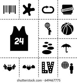 Grunge icon. set of 13 filled grungeicons such as vegas, splash, basketball, keep dry cargo, bar code, heart angel wings, devil heart with wings, censored, reload replay