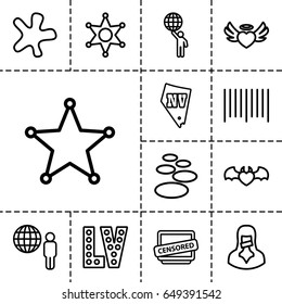 Grunge icon. set of 13 outline grungeicons such as vegas, splash, bar code, heart angel wings, devil heart with wings, censored woman, censored, sheriff, man holding globe