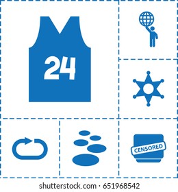 Grunge icon. set of 6 grunge filled icons such as censored, reload replay, sheriff, sport t shirt number 24, man holding globe