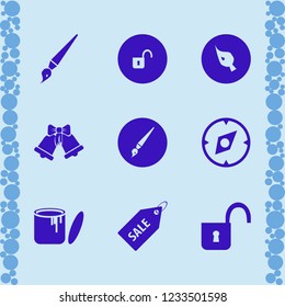 grunge icon. grunge vector icons set open lock, sleigh bells, paint can and brush