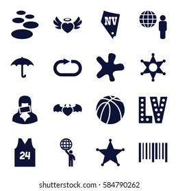 grunge icons set. Set of 16 grunge filled icons such as Vegas, splash, basketball, keep dry cargo, bar code, heart angel wings, devil heart with wings, censored woman