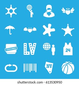 Grunge icons set. set of 16 grunge filled icons such as Vegas, splash, basketball, keep dry cargo, bar code, heart angel wings, devil heart with wings, censored woman