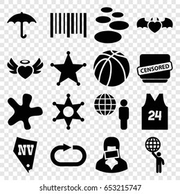 Grunge icons set. set of 16 grunge filled icons such as vegas, splash, basketball, keep dry cargo, bar code, heart angel wings, devil heart with wings, censored woman