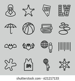 Grunge icons set. set of 16 grunge outline icons such as Vegas, splash, basketball, keep dry cargo, bar code, heart angel wings, devil heart with wings, censored woman