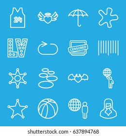 Grunge icons set. set of 16 grunge outline icons such as vegas, splash, basketball, keep dry cargo, bar code, heart angel wings, devil heart with wings, censored woman