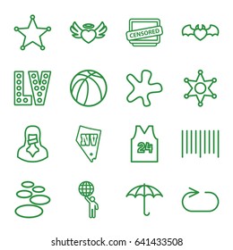 Grunge icons set. set of 16 grunge outline icons such as vegas, splash, basketball, keep dry cargo, bar code, heart angel wings, devil heart with wings, censored woman
