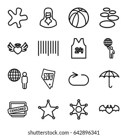 Grunge icons set. set of 16 grunge outline icons such as vegas, splash, basketball, keep dry cargo, bar code, heart angel wings, devil heart with wings, censored woman