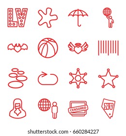 Grunge icons set. set of 16 grunge outline icons such as vegas, splash, basketball, keep dry cargo, bar code, heart angel wings, devil heart with wings, censored woman