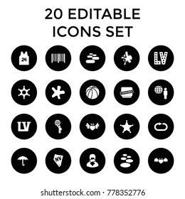 Grunge icons. set of 20 editable filled grunge icons such as vegas, splash, spa stone, basketball, keep dry cargo, bar code. best quality grunge elements in trendy style.