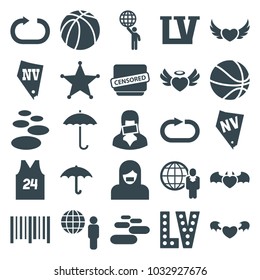 Grunge icons. set of 25 editable filled grunge icons such as vegas, spa stone, basketball, keep dry cargo, bar code, heart angel wings, devil heart with wings, globe and man