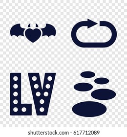 Grunge icons set. set of 4 grunge filled icons such as Vegas, devil heart with wings, reload replay
