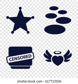 Grunge icons set. set of 4 grunge filled icons such as heart angel wings, censored, sheriff