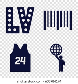Grunge icons set. set of 4 grunge filled icons such as vegas, bar code, sport t shirt number 24