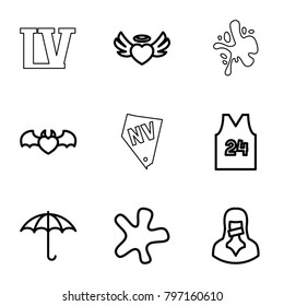 Grunge icons. set of 9 editable outline grunge icons such as splash, keep dry cargo, heart angel wings, devil heart with wings, censored woman, sport t shirt number 24