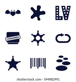 grunge icons set. Set of 9 grunge filled icons such as Vegas, splash, bar code, devil heart with wings, censored, reload replay, sheriff