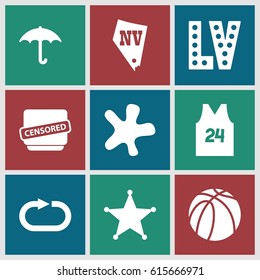 Grunge icons set. set of 9 grunge filled icons such as Vegas, splash, basketball, keep dry cargo, censored, reload replay, sheriff