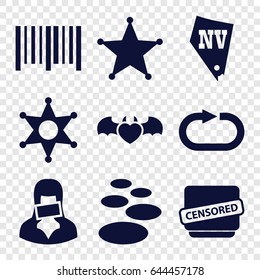 Grunge icons set. set of 9 grunge filled icons such as vegas, bar code, devil heart with wings, censored woman, censored, reload replay, sheriff