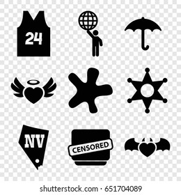 Grunge icons set. set of 9 grunge filled icons such as vegas, splash, keep dry cargo, heart angel wings, devil heart with wings, censored, sheriff, sport t shirt number 24