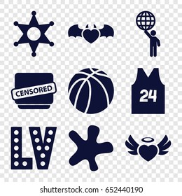 Grunge icons set. set of 9 grunge filled icons such as vegas, splash, basketball, heart angel wings, devil heart with wings, censored, sheriff, sport t shirt number 24