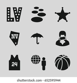 Grunge icons set. set of 9 grunge filled icons such as vegas, basketball, keep dry cargo, censored woman, sheriff, sport t shirt number 24, globe and man