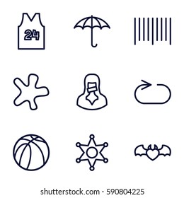 grunge icons set. Set of 9 grunge outline icons such as splash, basketball, keep dry cargo, bar code, devil heart with wings, censored woman, reload replay, sheriff