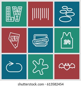 Grunge icons set. set of 9 grunge outline icons such as Vegas, splash, bar code, devil heart with wings, censored, reload replay, sport t shirt number 24