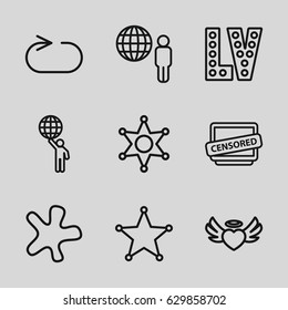 Grunge icons set. set of 9 grunge outline icons such as vegas, splash, heart angel wings, censored, reload replay, sheriff, man holding globe
