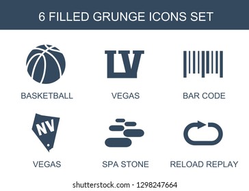 grunge icons. Trendy 6 grunge icons. Contain icons such as basketball, Vegas, bar code, spa stone, reload replay. grunge icon for web and mobile.