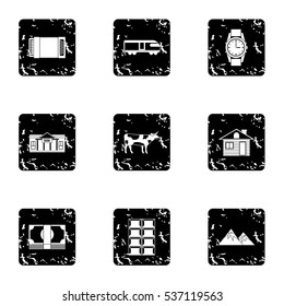  Grunge illustration of 9 attractions of Switzerland vector icons for web