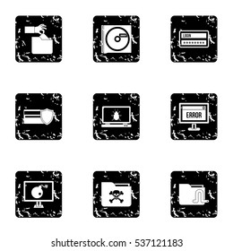 Grunge illustration of 9 ddos attack vector icons for web