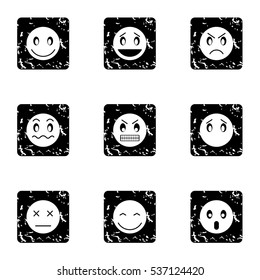 Grunge illustration of 9 types of emoticons vector icons for web