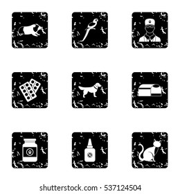 Grunge illustration of 9 veterinary things vector icons for web