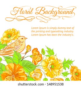 Grunge illustration with bird on blossoming sakura brunch. Vector illustration.