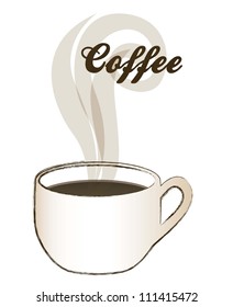 Grunge Illustration of a cup of steaming coffee on plate, vector illustration