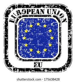 Grunge illustration of European Union flag on button stamp 