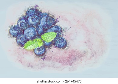 Grunge illustration of fruit. A handful of blueberries with green leaves.