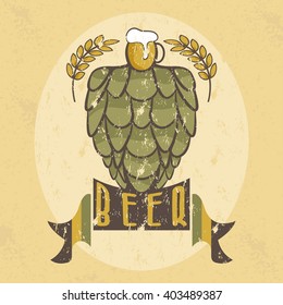 grunge illustration of glass with beer,hops and wheat