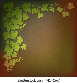 grunge illustration with grape leaves on brown