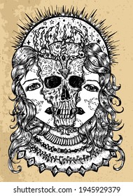 Grunge illustration with halves of woman face and scary skull between them. Mystic background for Halloween, esoteric, gothic, heavy metal or occult concept, tattoo sketch