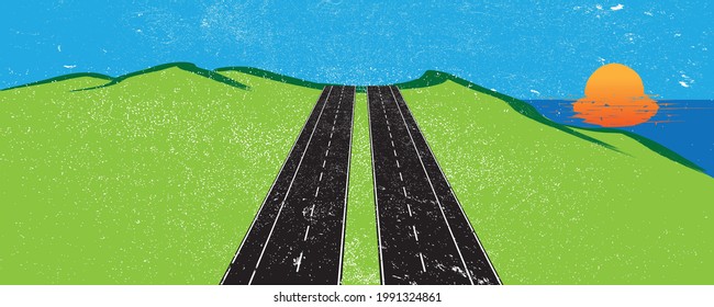 Grunge illustration highway . Green landscape . Vintage poster design 