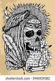 Grunge illustration with human skull wearing crown of thorns, in monk cloak with manuscript and quill. Mystic background for Halloween, esoteric, gothic, heavy metal or occult concept, tattoo sketch