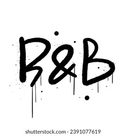 Grunge illustration of R'n'B with urban graffiti street art. Concept for DJ, podcast, rappers. Cool print for graphic tee, streetwear, hoodie. Vintage retro symbol. Nostalgia for 1980s, 1990s.