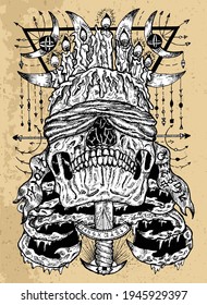 Grunge illustration with scary blind skull stabbed with the sword, sacred geometry patterns around. Mystic background for Halloween, esoteric, gothic, heavy metal or occult concept, tattoo sketch