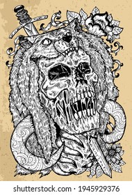 Grunge illustration with scary skull, beast coat and sword. Mystic background for Halloween, esoteric, gothic, heavy metal or occult concept, tattoo sketch