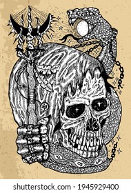 Grunge illustration with scary skull wearing hood, holding magic wand, with snake swallowing sun. Mystic background for Halloween, esoteric, gothic, heavy metal or occult concept, tattoo sketch