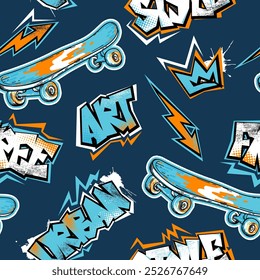 Grunge illustration with skateboard and graffiti words on black background  for boys. Fashion urban style. Bright neon print. Free Style slogan. Cool typography art design vector