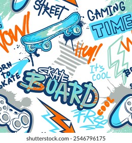 Grunge illustration with skateboard,  joystick game and graffiti words on white background  for boys. Fashion urban style. Boys slogan. Cool typography art design vector