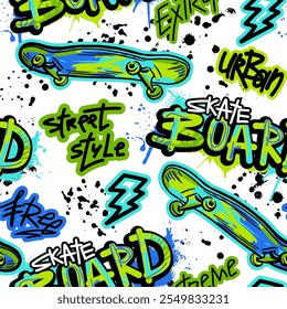 Grunge illustration with skateboard,  joystick game and graffiti words on white background  for boys. Fashion urban style. Boys slogan. Cool typography art design vector