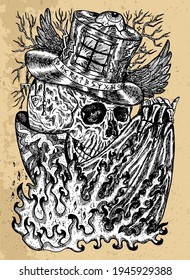 Grunge illustration with skull wearing illusionist, magician or wizard hat with flame on cloak. Mystic background for Halloween, esoteric, gothic, heavy metal or occult concept